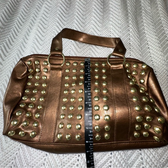 Bronze Faux Leather Embellished with Gold Studs- Bisou Bisou Satchel Bag - Picture 8 of 9